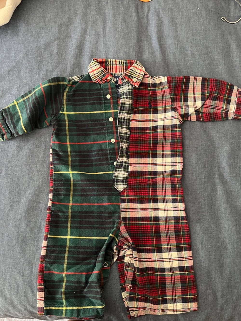 Ralph Lauren Red and Green Plaid Mixed-Pattern Baby One-Piece